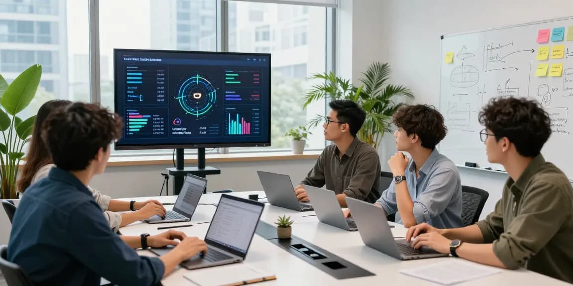 LibertySwap finance team collaborating on cross-chain solutions in a modern office.
