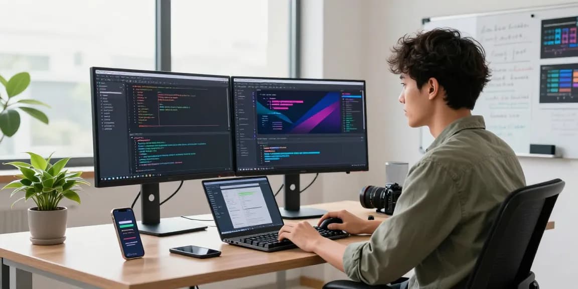 Developer coding at telegraimin.com workspace, showcasing vibrant software design