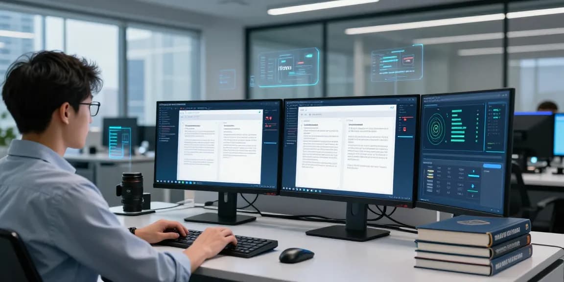 Data analyst detecting fraud in PDF documents with advanced AI technology in a modern office.