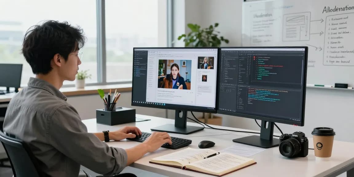 AI image detector interface in a sleek tech workspace with analysis tools and modern decor.