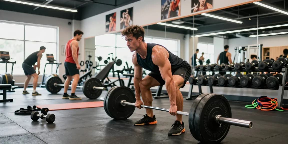 Kraftsportler hebt schwere Gewichte im Fitnessstudio und zeigt den Fokus des Anabolika Shop Deutschland auf ernsthaftem Fitness- und Muskelaufbau.