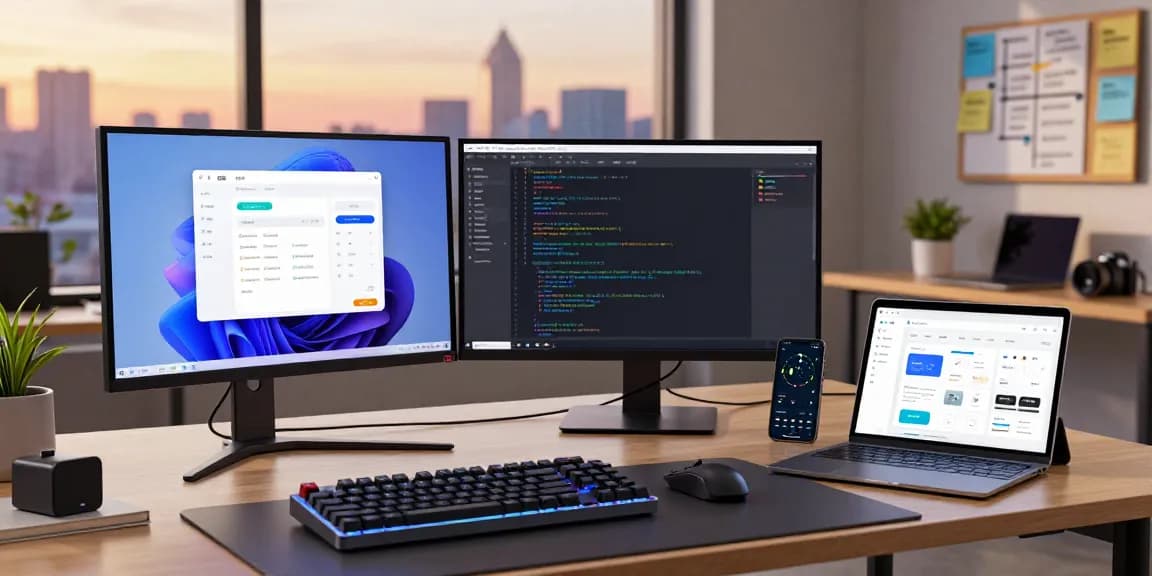 快连 application showcased on multiple screens in a modern tech workspace during sunset.