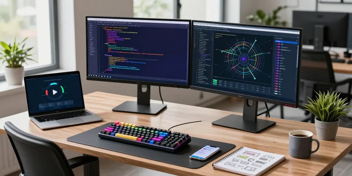 快连专业技术支持的现代办公场景，开发者在双屏显示器前工作，优化网络性能。