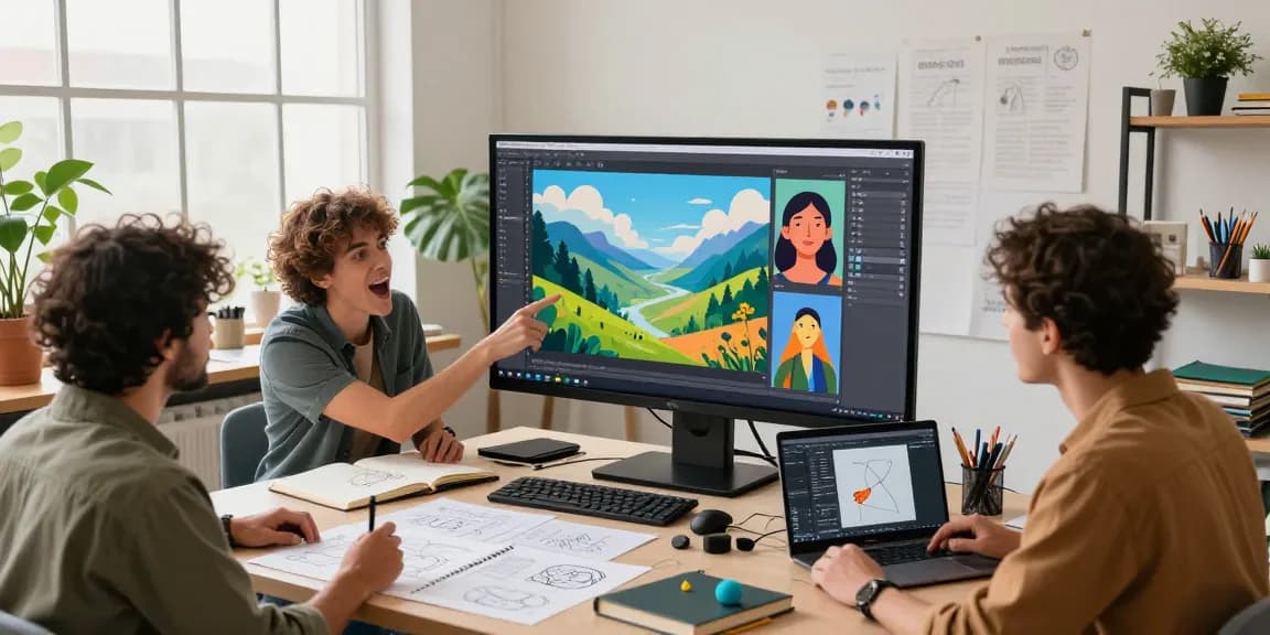 Artists collaborating using nano banana AI image editor in a vibrant creative studio.