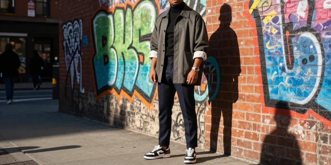 Stylish man showcasing modern men's fashion with urban graffiti backdrop.