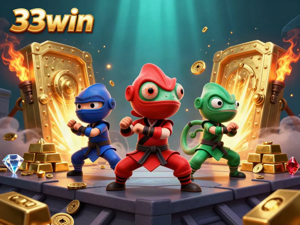 Experience the thrill of 33win with ninja chameleons in an action-packed casino scene.