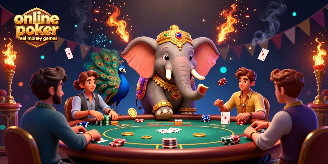 Engage in online poker real money games with vibrant characters at a dynamic poker table.