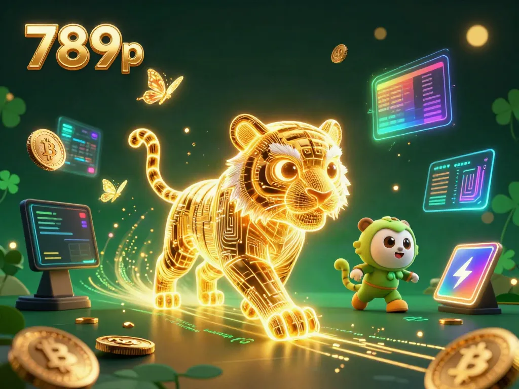 Explore a vibrant digital casino scene with 789p and a golden tiger amidst sparkling crypto elements.