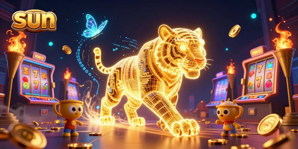 Sun-themed digital casino illustration featuring a light energy tiger and vibrant slot elements.