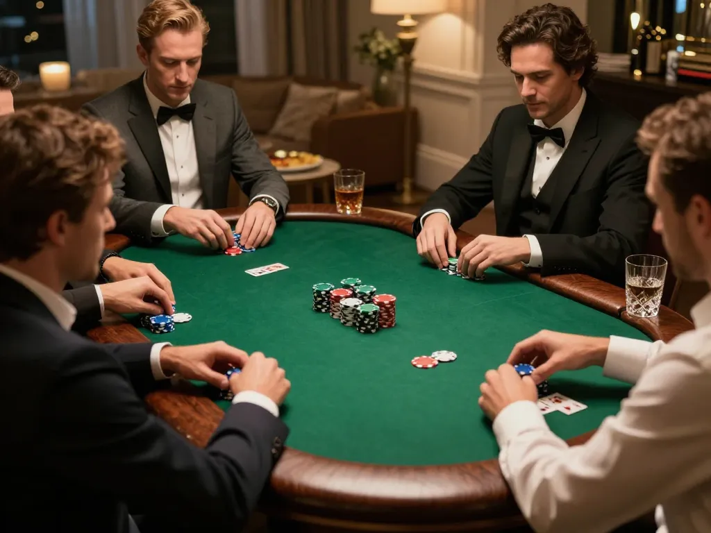 Players enjoying a strategic poker game with 888b in a luxurious home setting, showcasing friendly competition
