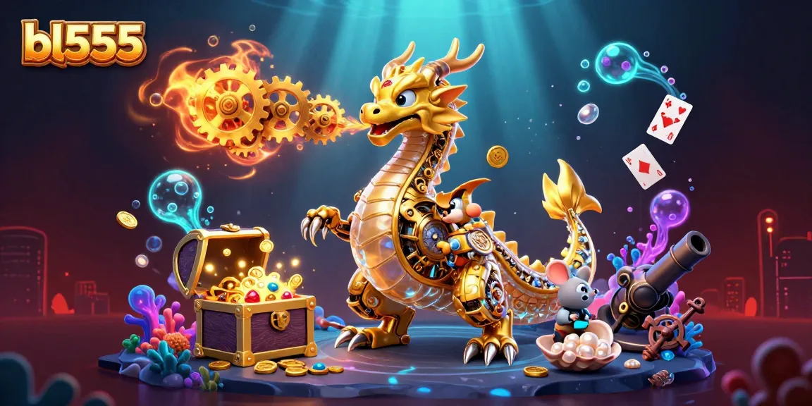 bl555 showcases an enchanting 3D dragon breathing golden gears amidst vibrant gaming elements, enhancing your gambling experience.