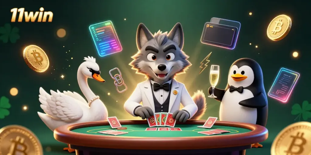 Engage in thrilling baccarat at 11win with a debonair wolf, elegant swan, and penguin sommelier.