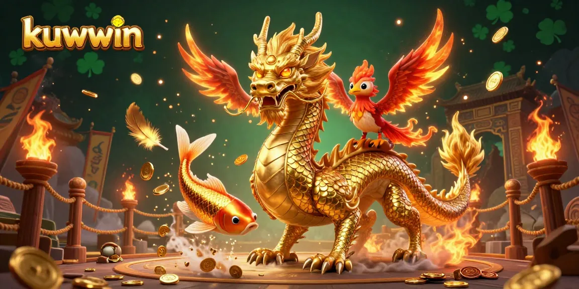 Experience the thrilling world of kuwwin, featuring a dragon, phoenix, and koi in an exciting casino atmosphere.