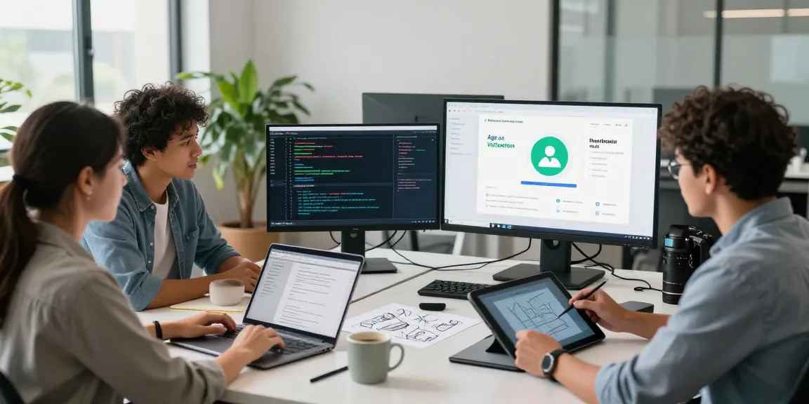 Team collaborating on an age verification system software project in a modern office.