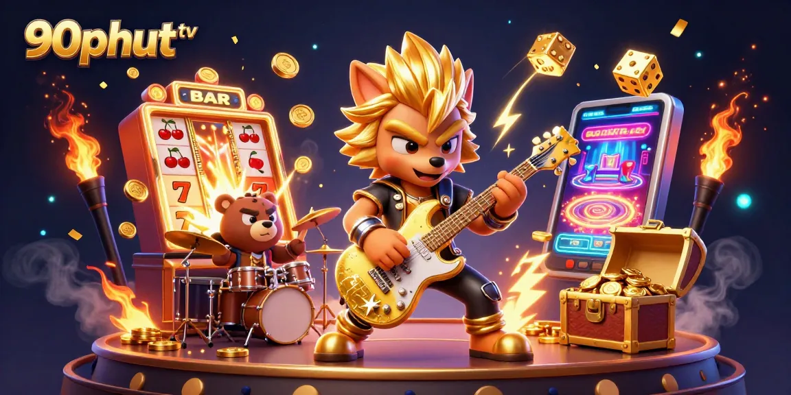 Experience thrilling moments with 90phut tv as a rock star wolf performs on a vibrant casino stage, surrounded by dynamic gambling elements.