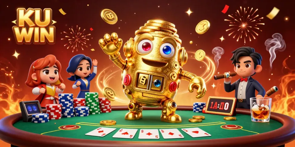 Experience the thrill of KU WIN with a magical golden golem surrounded by poker excitement.