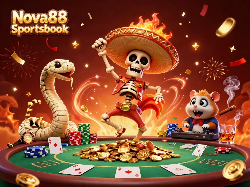 Celebrate big wins at Nova88 Sportsbook with a lively 3D illustration of exciting casino characters and elements.