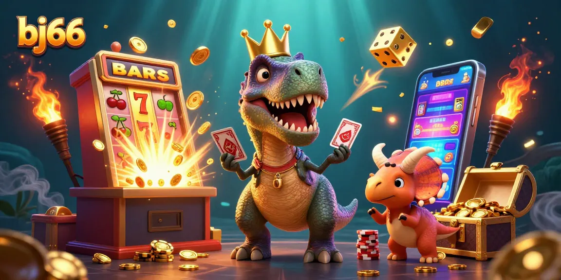Bettors experience thrilling gameplay with bj66 as T-Rex shuffles cards, Pterodactyl assists, and gold chips stack.