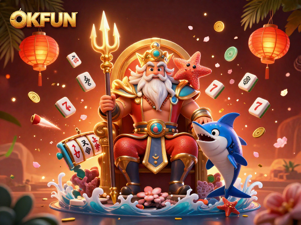 Engage with excitement at OKFUN, where Neptune and his allies celebrate a vibrant casino atmosphere!