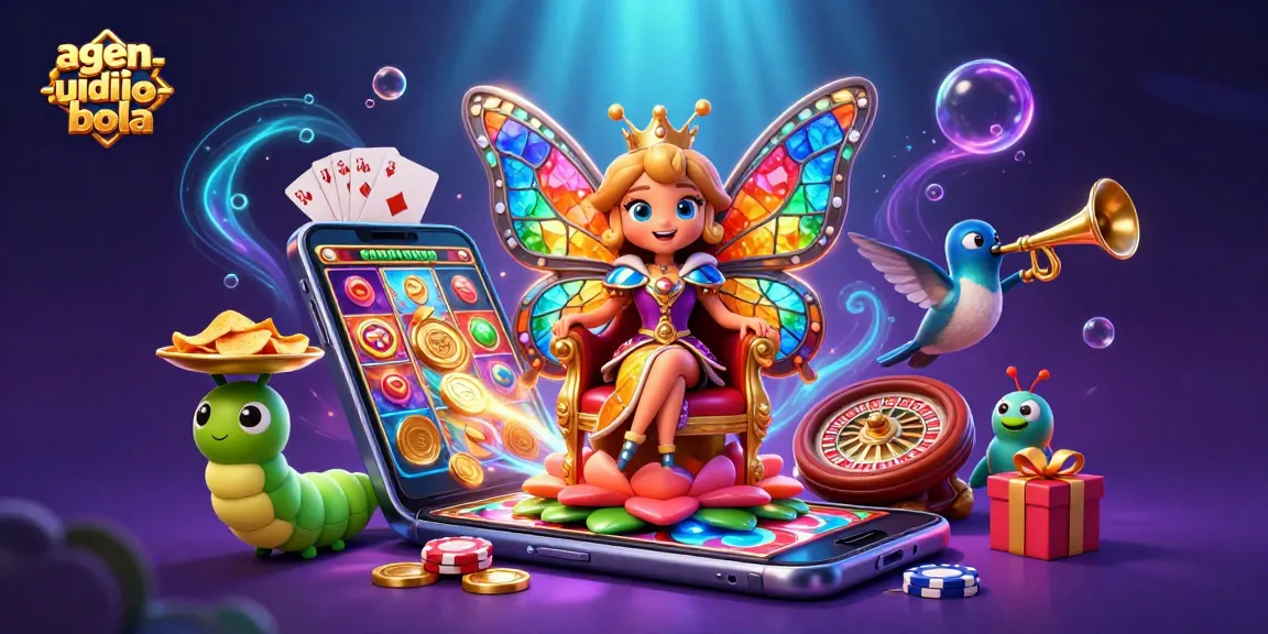 A thrilling agen-judi-bola adventure unfolds with a colorful butterfly queen and vibrant casino elements in a magical setting.