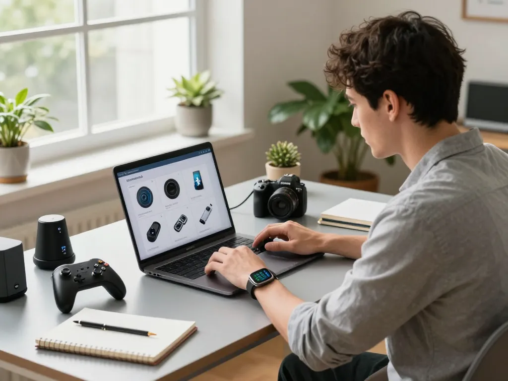 Best tech gadgets for men displayed in a modern workspace showcasing innovative Bluetooth devices.