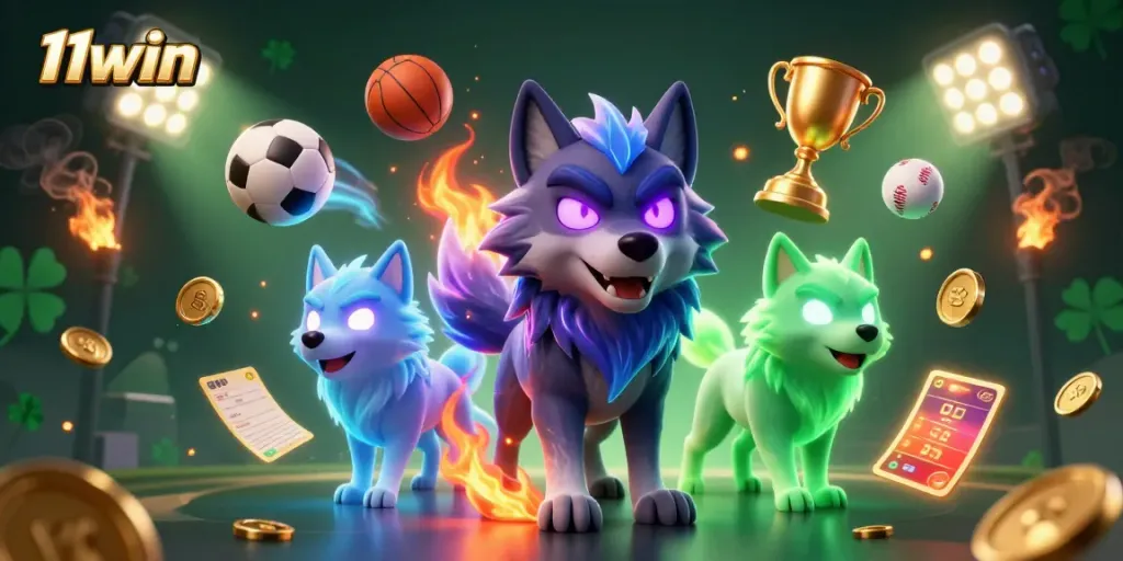 11win showcases thrilling sports betting action amidst dynamic visual elements and glowing wolves.