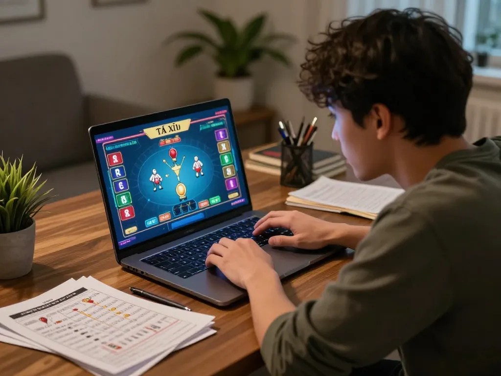 Tài xỉu online game in action with player focused on strategy at home.