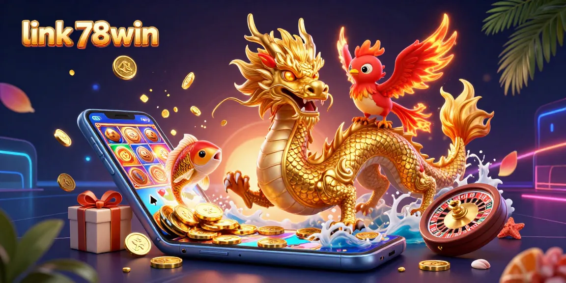 Immerse in the action of link 78win with vibrant 3D casino illustration featuring a dragon and phoenix amidst gaming excitement.