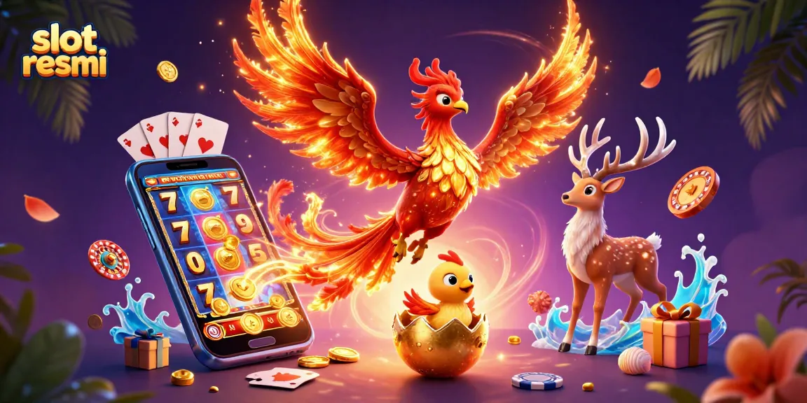 Experience thrilling gameplay at slot resmi with a phoenix, smartphone games, and vibrant casino elements.