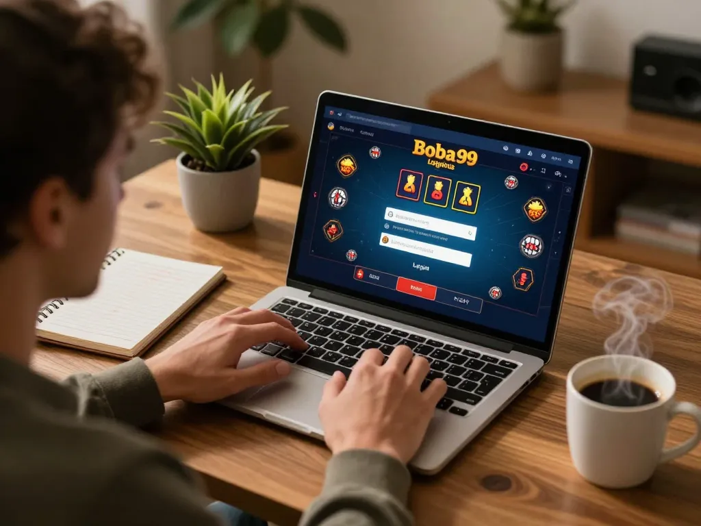 Antarmuka Login Boba99 ditampilkan di laptop saat pemain terlibat dalam permainan kasino online.