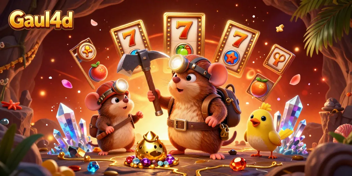 Engage in exciting gaming with Gaul4d as a treasure hunter moles through a vibrant casino landscape.