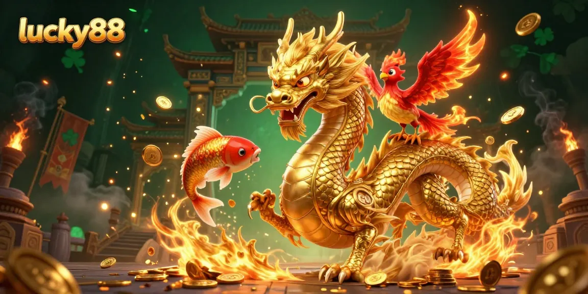 Experience lucky88 with a golden koi fish amidst a casino scene featuring a Chinese dragon and phoenix.