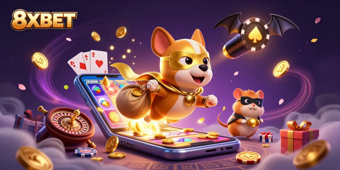 Experience the thrill of 8XBET with a heroic dog carrying coins, surrounded by exciting casino elements.