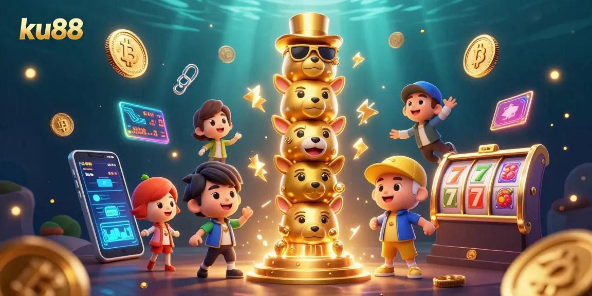 Engage with ku88's vibrant 3D casino scene packed with animated characters and crypto elements.