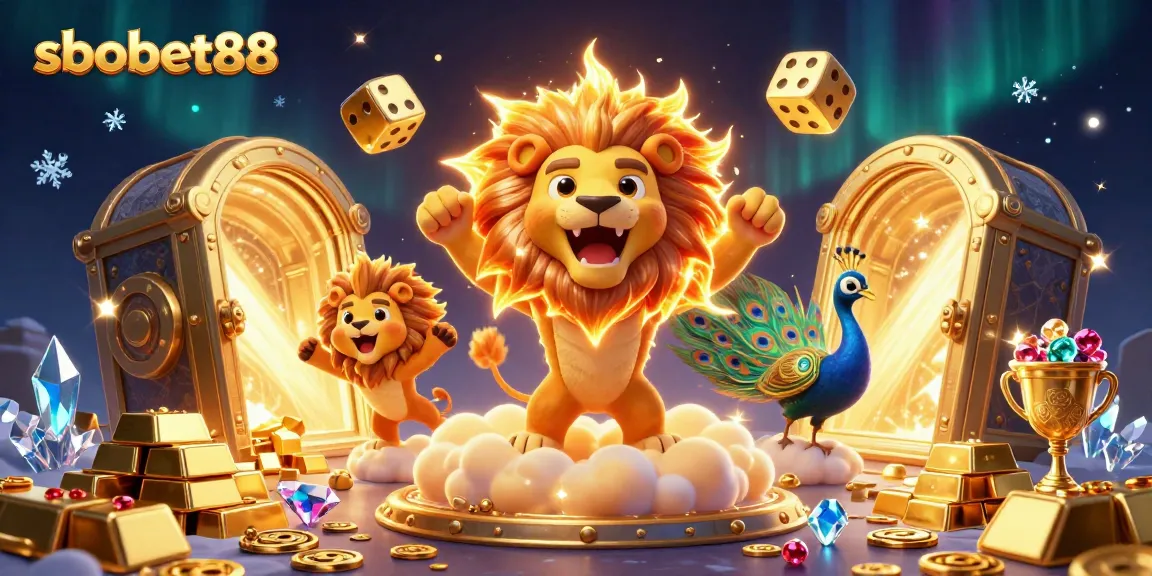 sbobet88 features a roaring sun lion with golden dice in a vibrant casino-themed illustration.