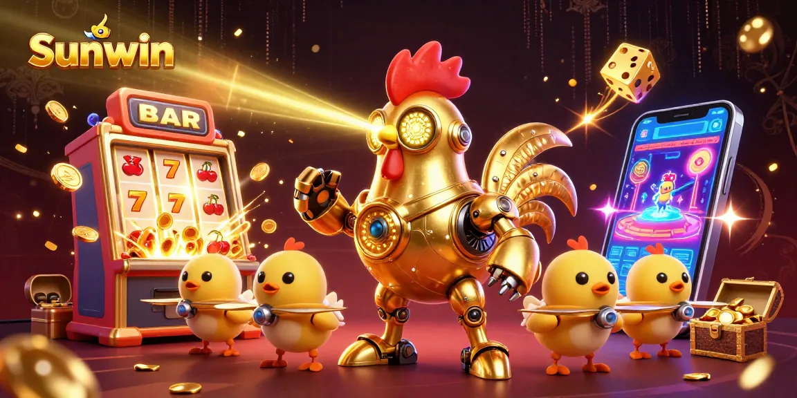 Sunwin's vibrant 3D casino scene showcasing a futuristic golden rooster robot amidst exciting gaming elements.
