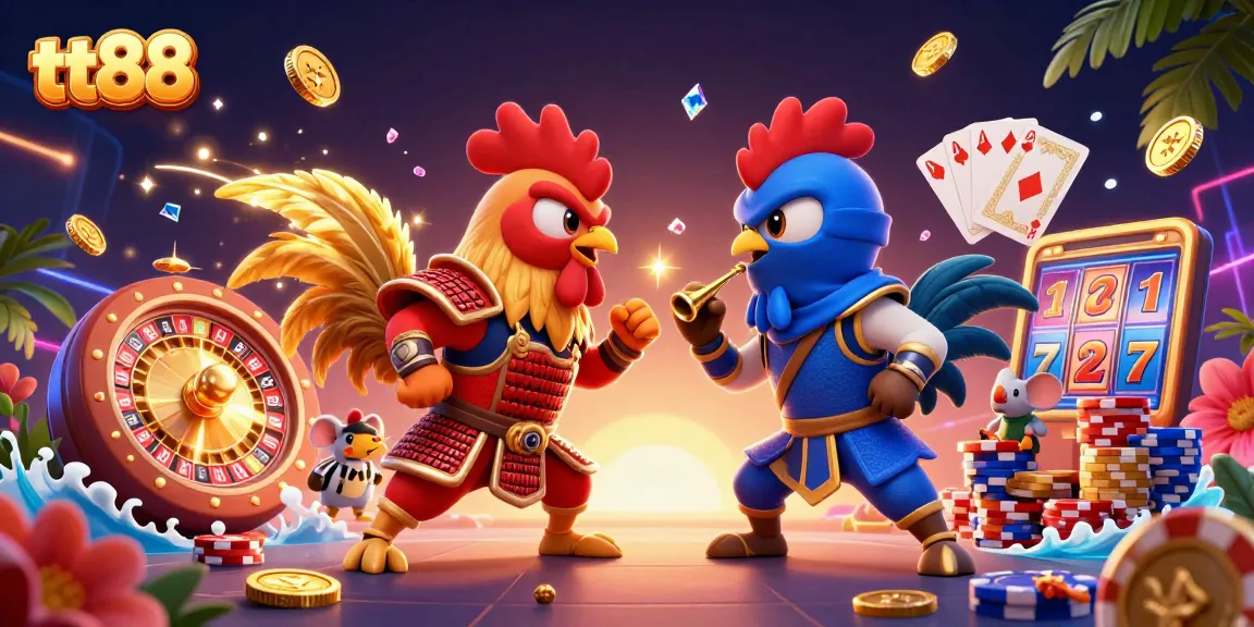 Engage with tt88's exciting gameplay as roosters in battle amidst casino elements and golden rewards.