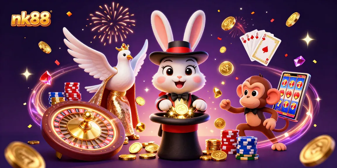 Engage in exciting gaming action at nk88 with a whimsical illustration of a magician rabbit pulling gold coins.