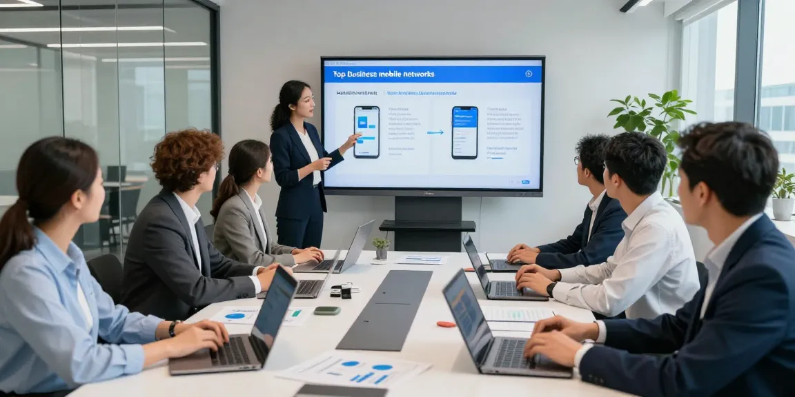 Team collaboration in a modern office discussing top business mobile networks UK strategies.