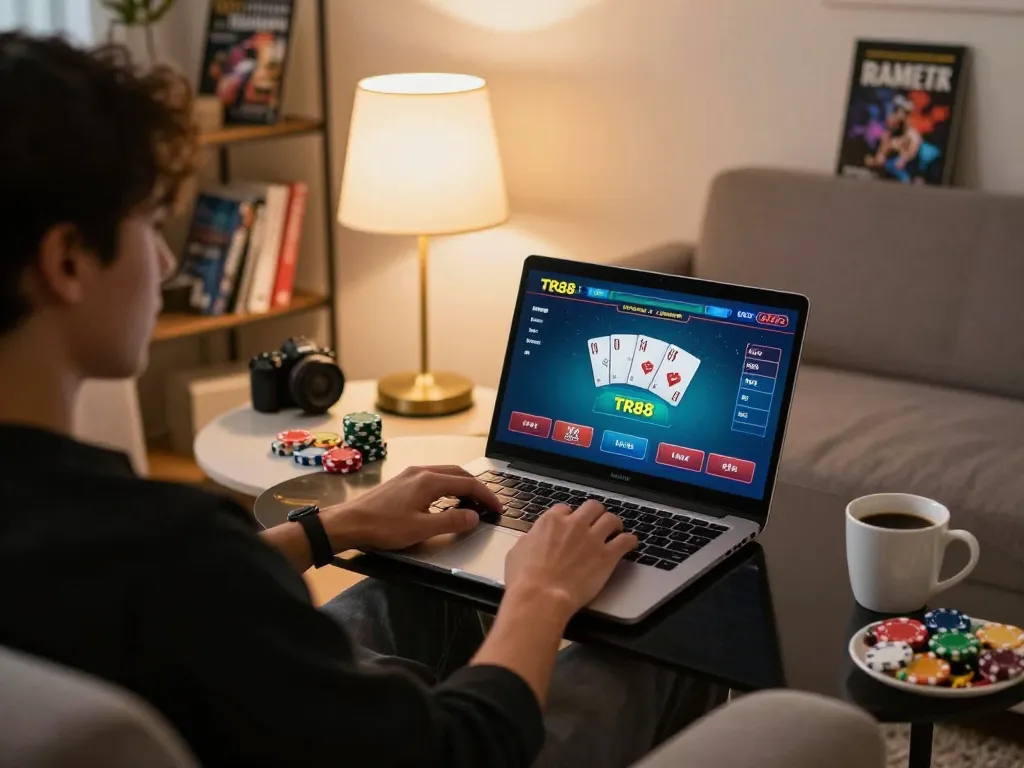 Player enjoying TR88 casino games on a laptop in a cozy living room setting.