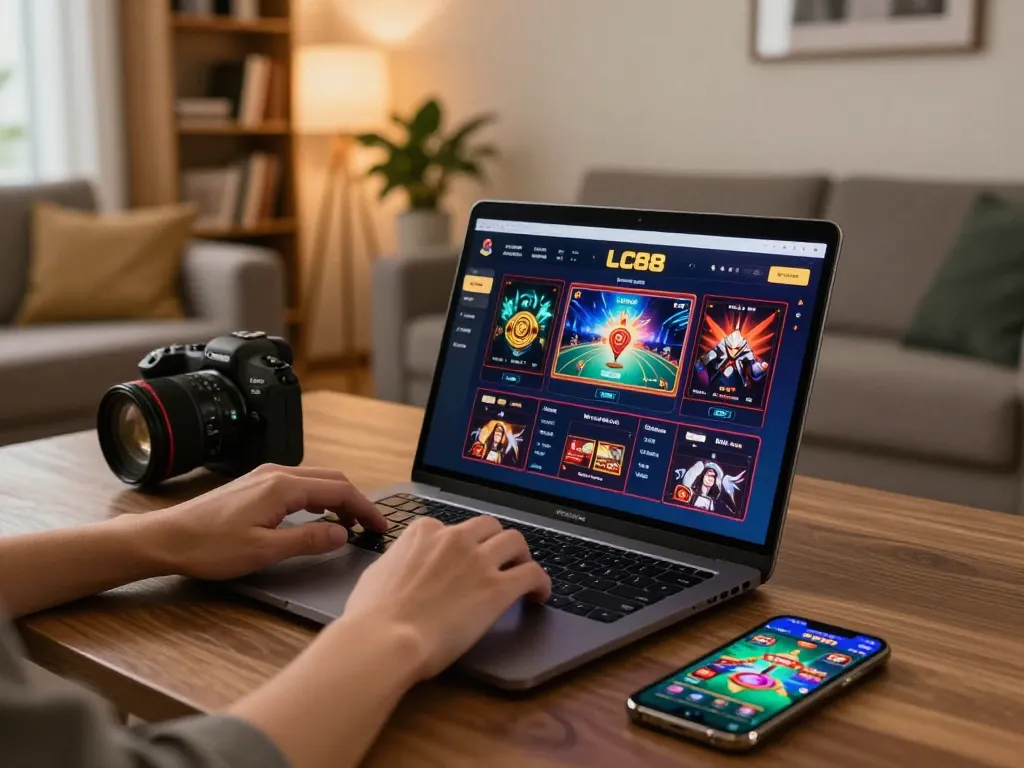 Engaging in strategic online gaming at LC88 on a modern laptop in a cozy home setup.