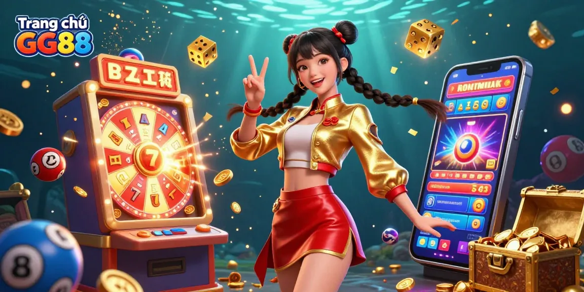 Engage with the exciting world of Trang chủ GG88 featuring a lively 3D scene of casino elements and a joyful character.