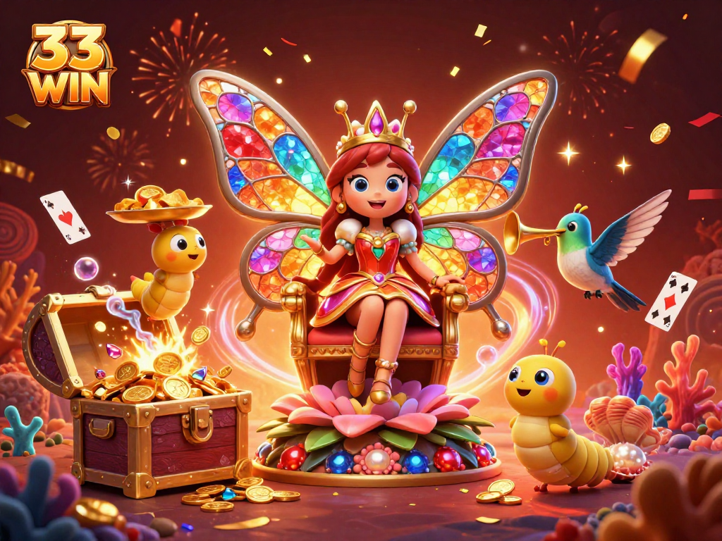 Engage with 33 WIN's vibrant 3D digital illustration showcasing a butterfly queen and casino elements.