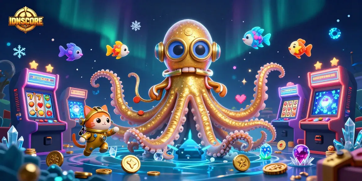 IDNSCORE showcases a colossal kraken and diving cat in a dynamic gaming scene with slot elements.
