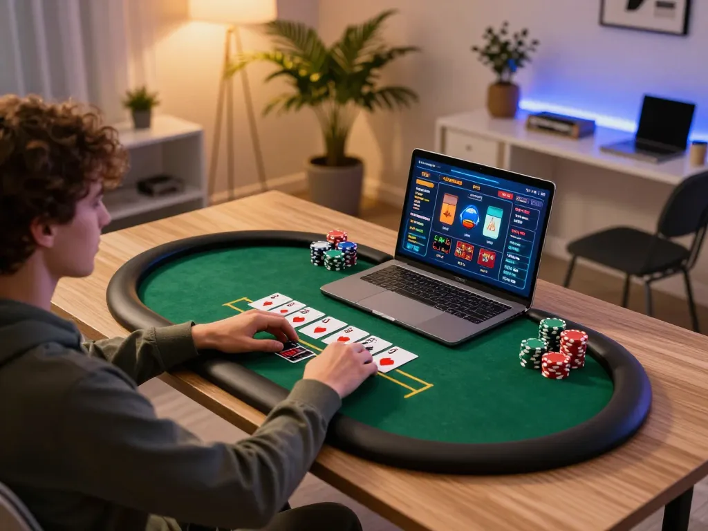 Engaging in keonhacai 88, a player uses a laptop for strategic online casino gaming at home.
