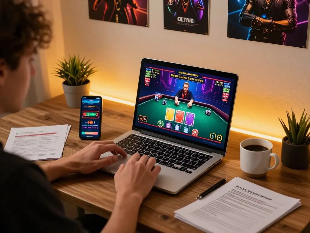 Go99 player enjoying a live dealer game on laptop with a strategic mindset at home