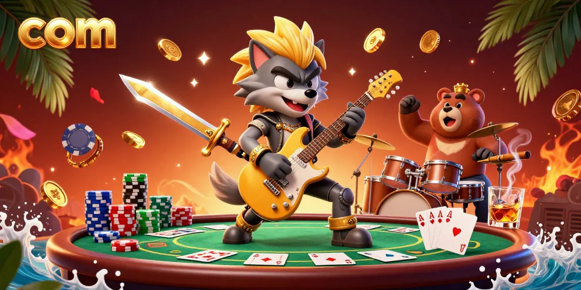 Experience thrilling gaming action at com with a rock star wolf and drummer bear amidst vibrant casino scenes.