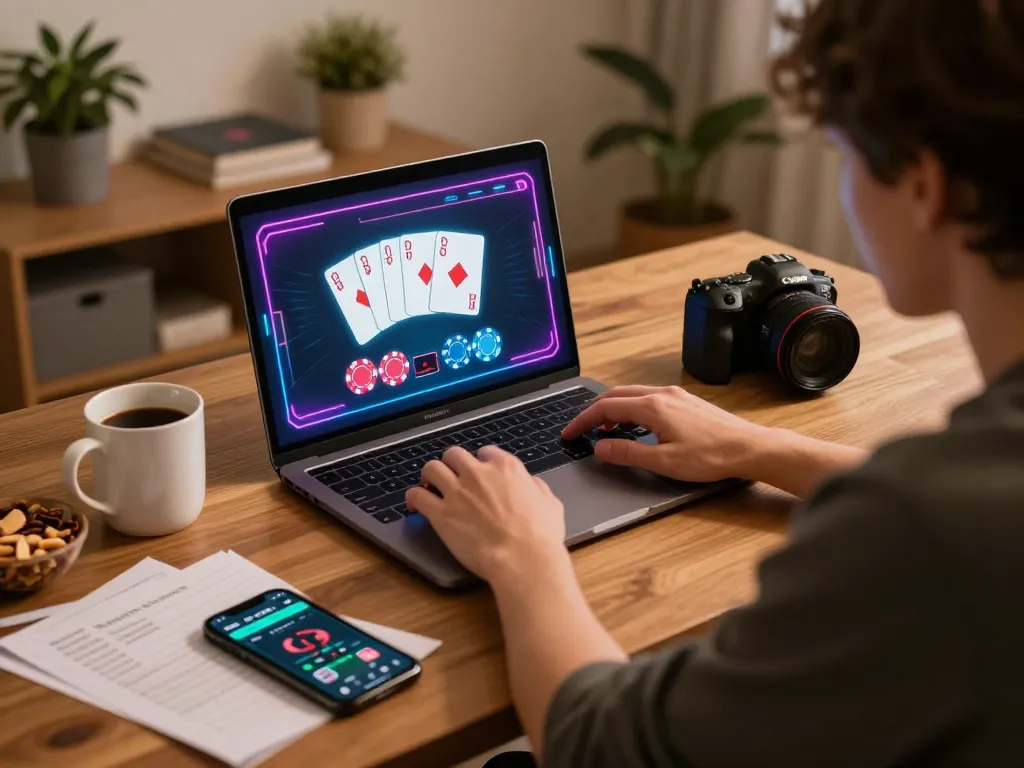 Player engaging with poker game on laptop at home while utilizing sc88 strategy notes for better betting