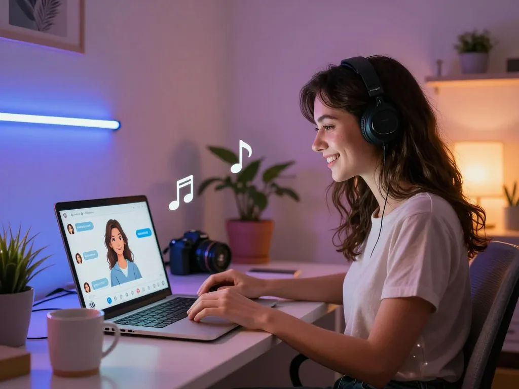 Engaging with an AI GF on a laptop in a cozy modern home office setting.