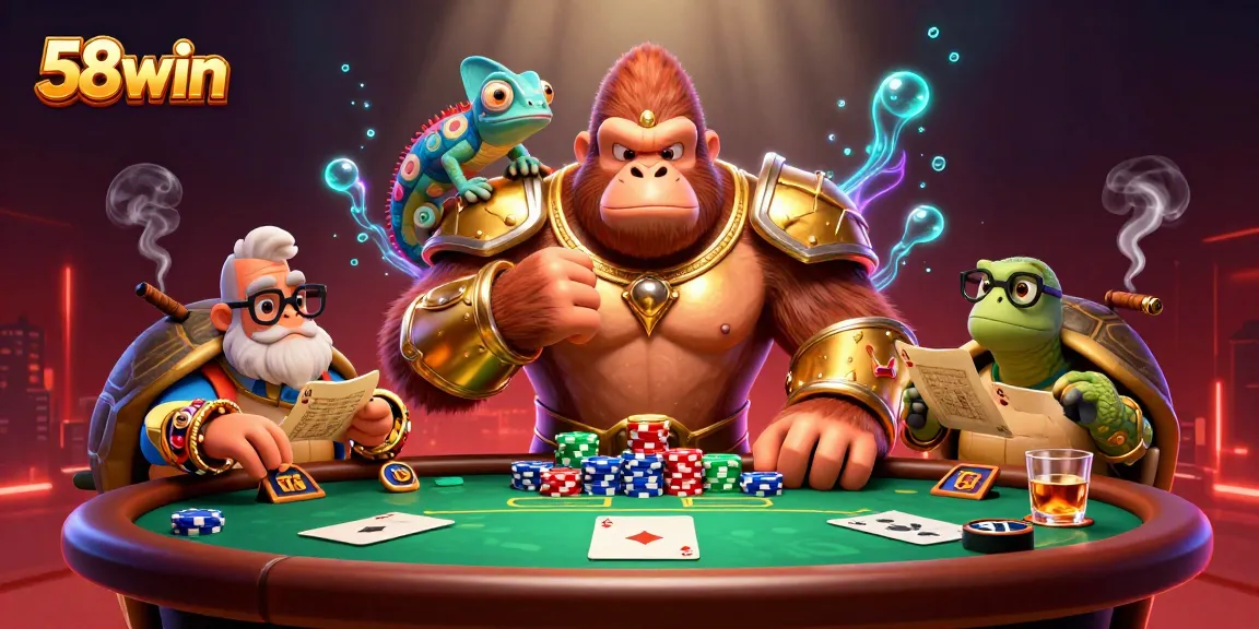 Experience the thrill at 58win with gorilla king and tortoise elder at a vibrant casino scene.